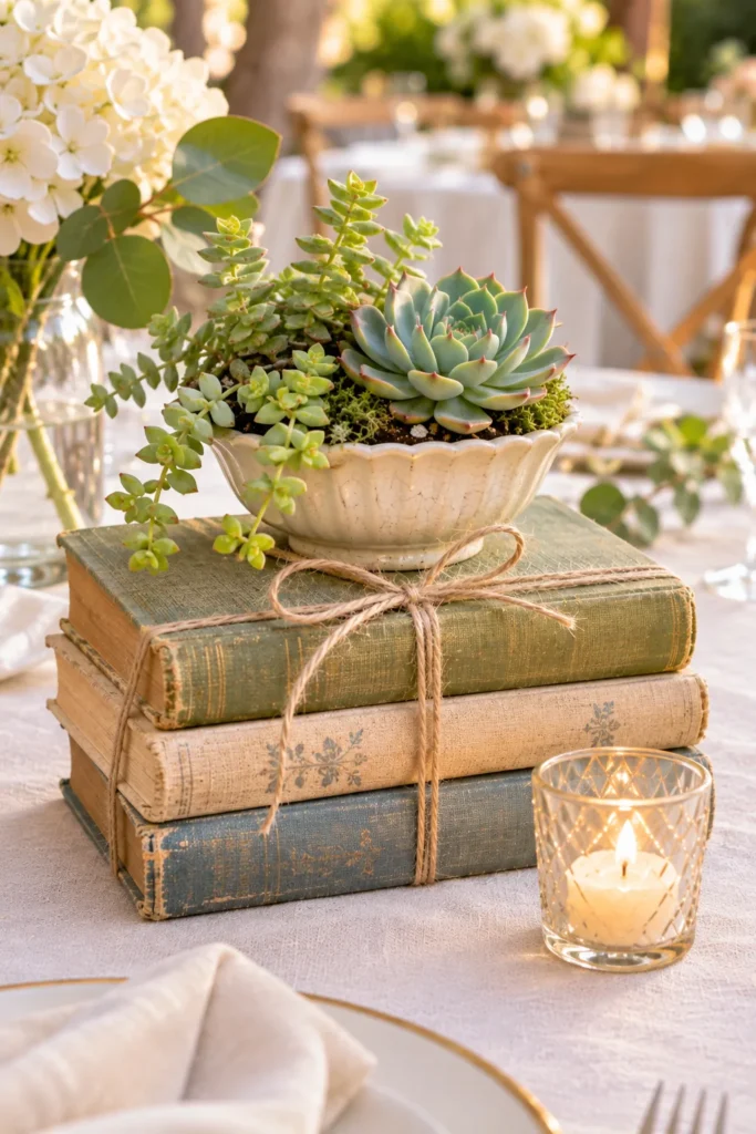 Vintage Book Stacks Topped With Succulents