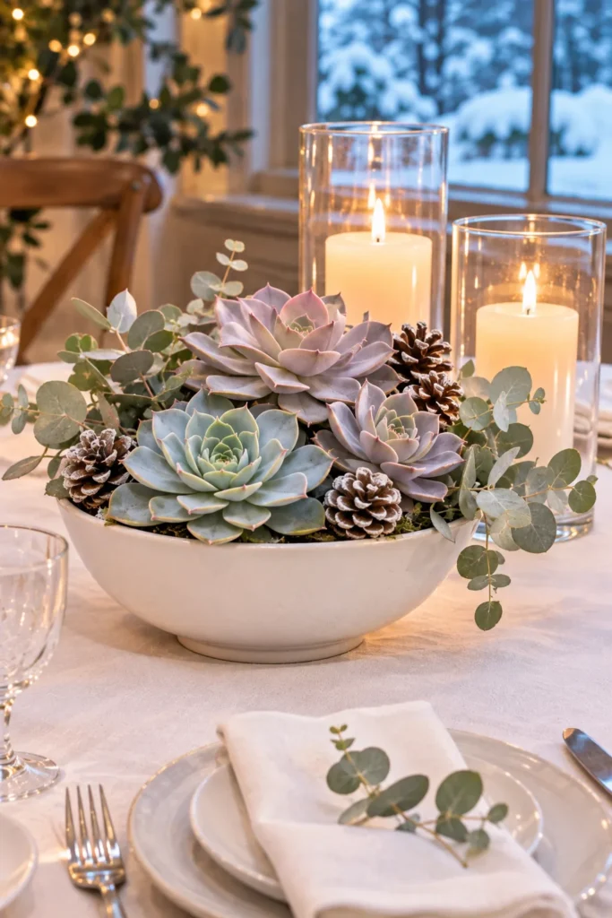 Winter White Succulents With Silver Eucalyptus and Pinecones