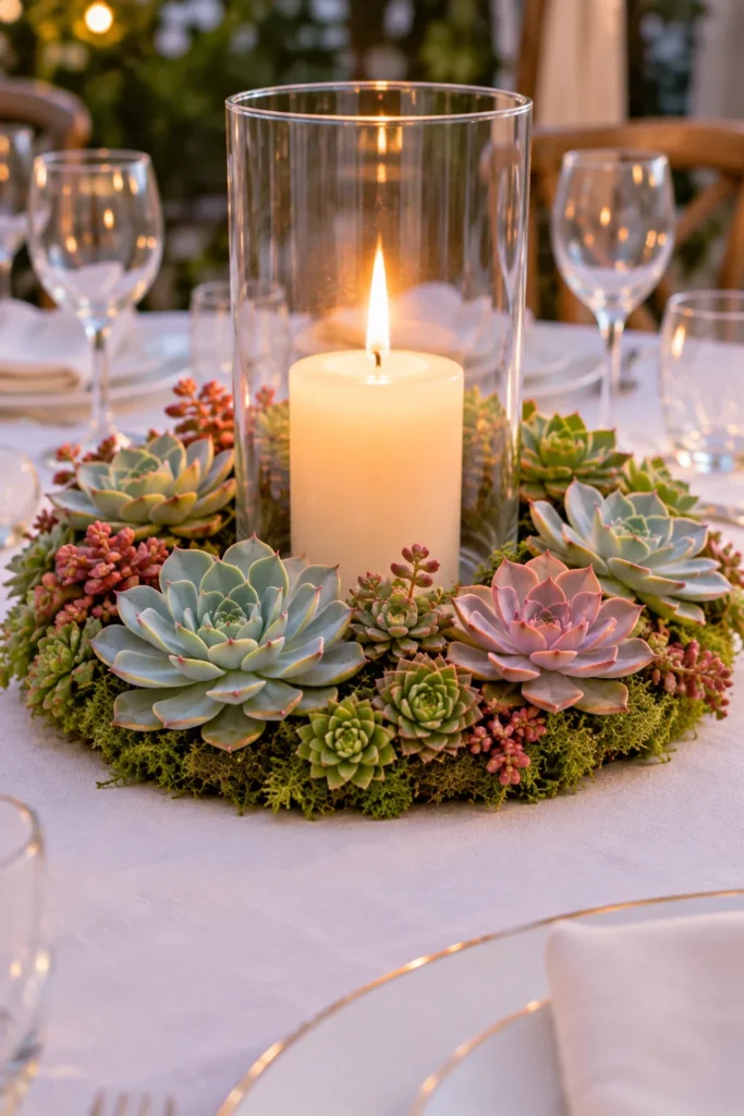 Low Succulent Wreaths Around Hurricane Candles