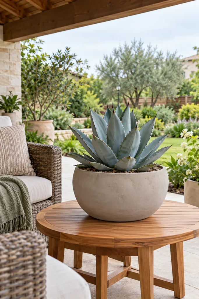Rounded agave planter on patio
