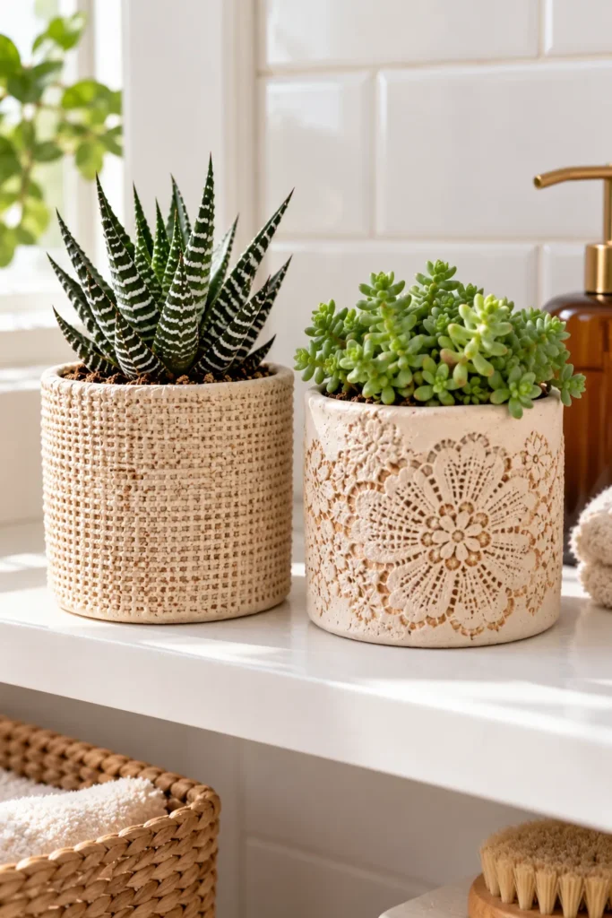 Burlap and lace textured pots