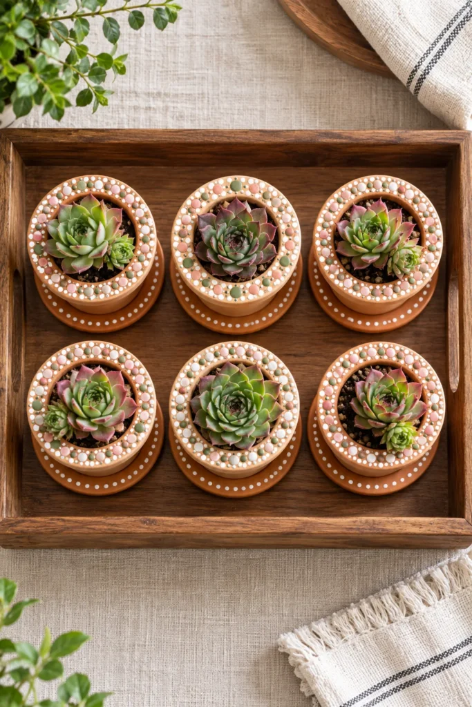 Dotted Mandala Rims on Mini Hens and Chicks Pots