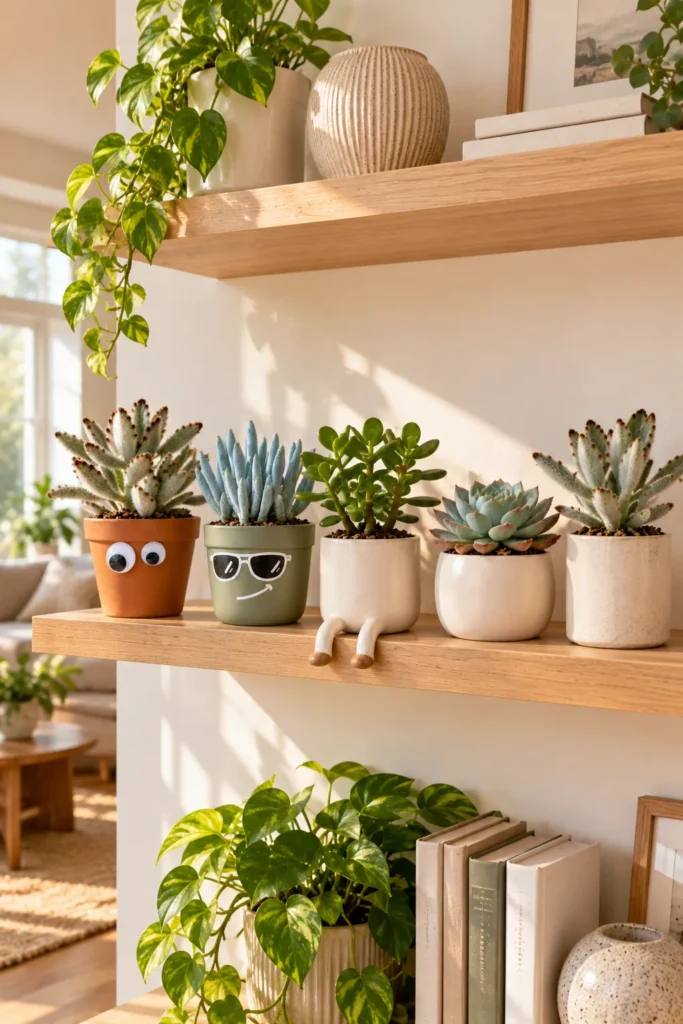 Five funny planters on wooden shelf