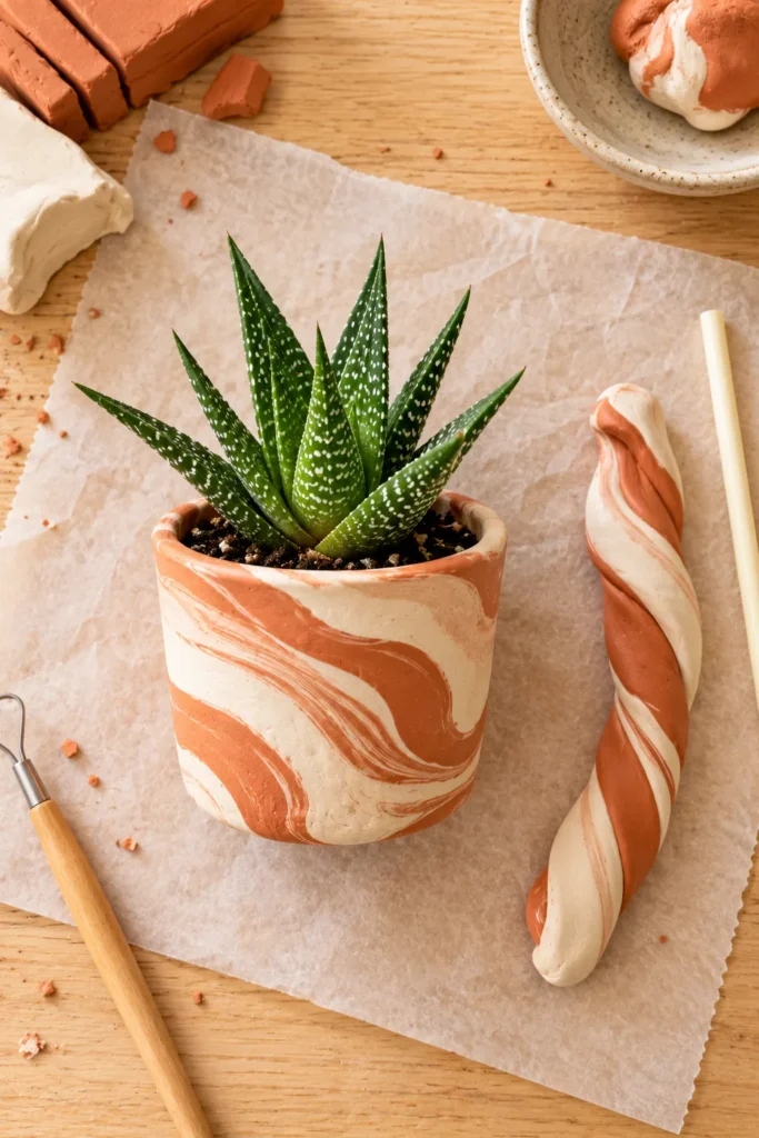 Marbled polymer clay aloe pot