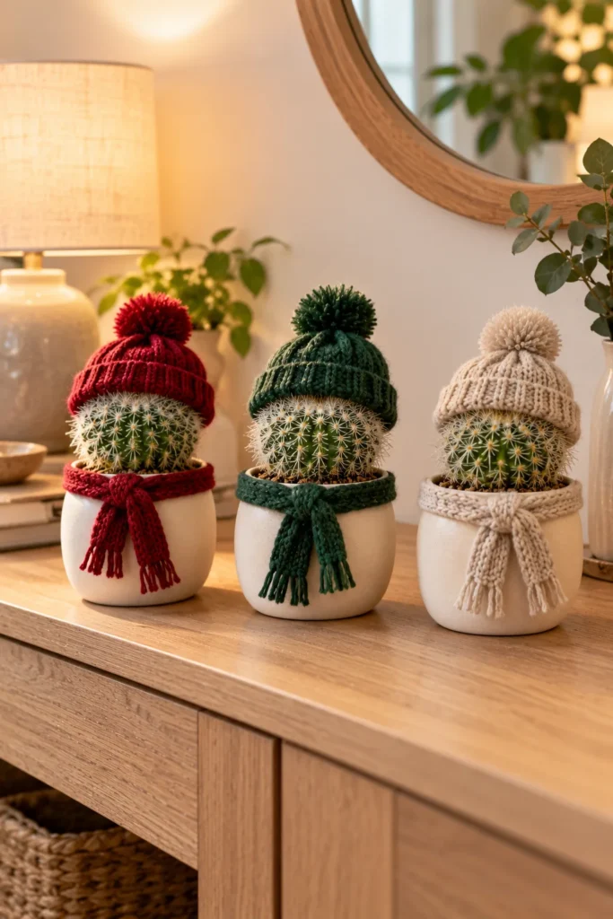 Three cacti in knitted hats and scarves