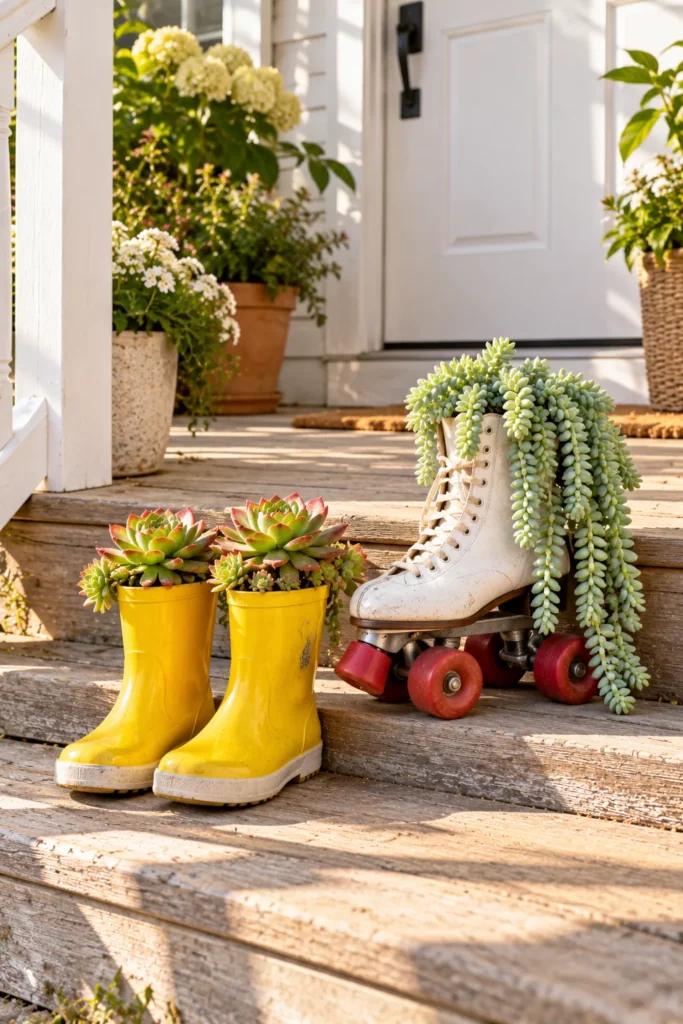 Yellow rain boots and roller skate
