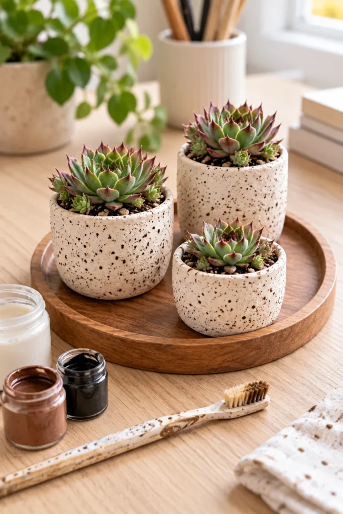 Three speckled stoneware-style pots