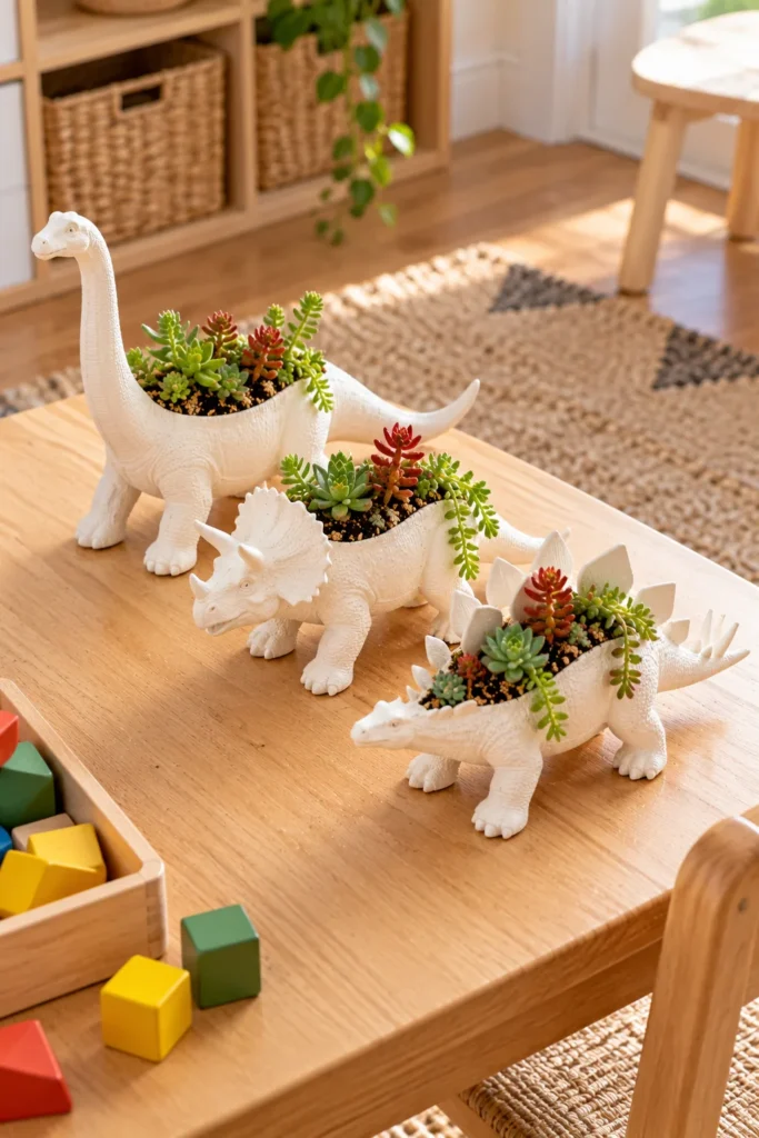 Three toy dinosaur planters