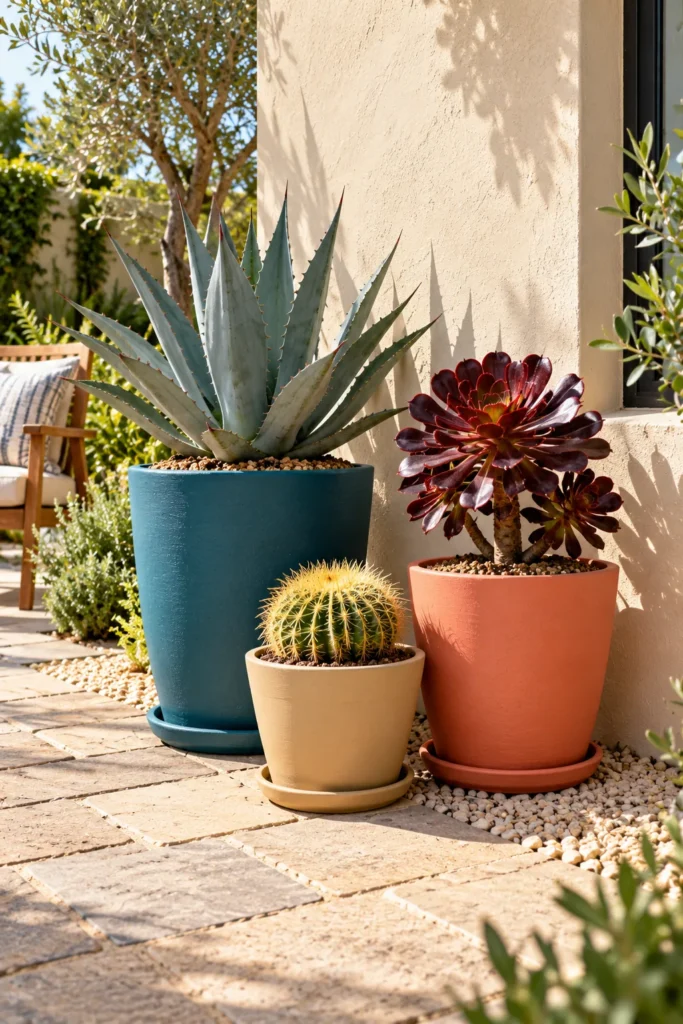 Three painted patio pots