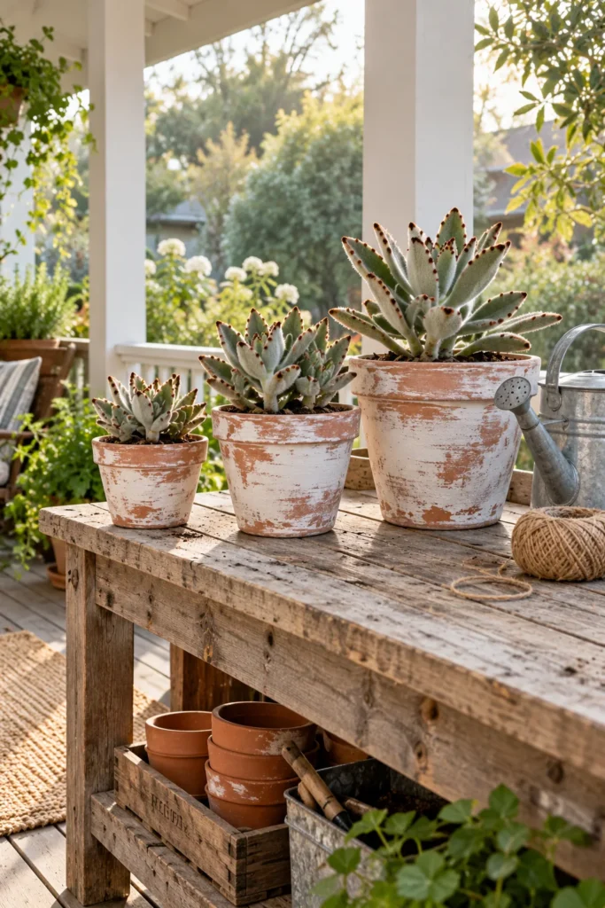 Whitewashed Aged Terracotta on a Potting Bench