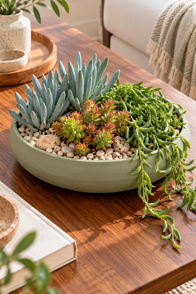Shallow sage succulent dish garden