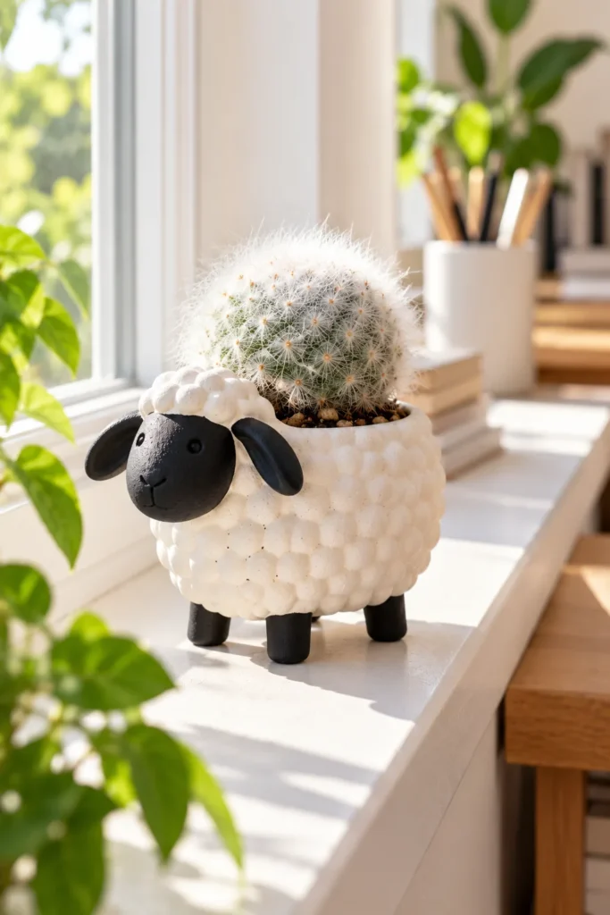 Sheep planter with fuzzy cactus